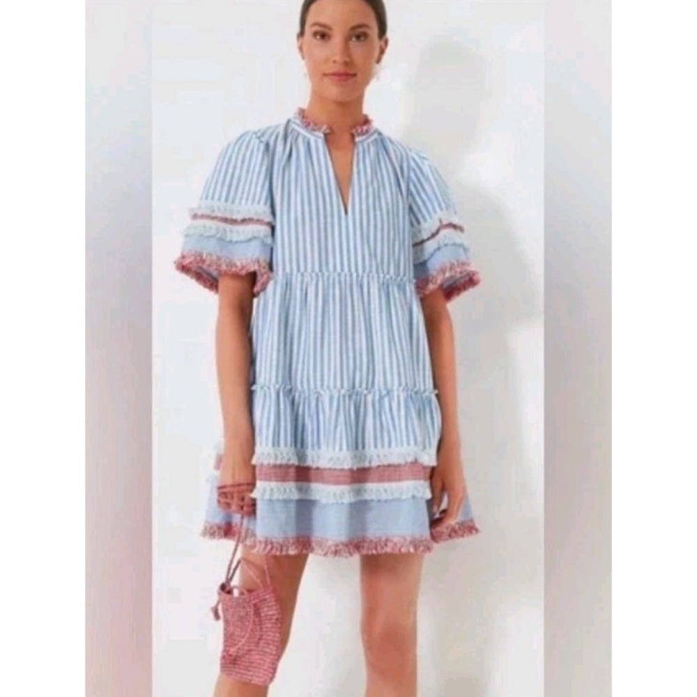 Tuckernuck Crawford Savannah Stripe Dress Women's Medium Tiered Red White Blue